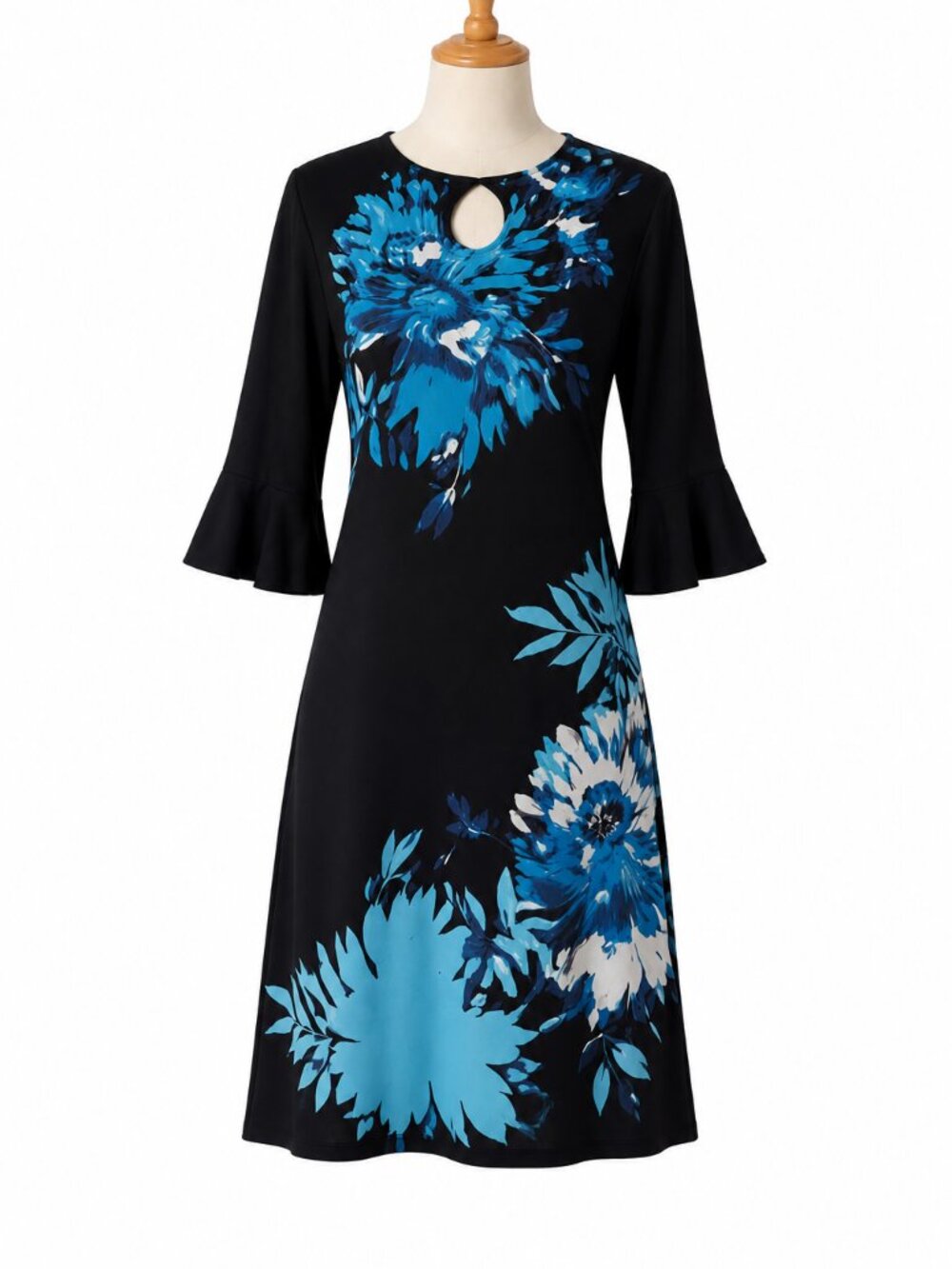 Roz & Ali Black Blue Floral Bell Sleeve Dress Size Large